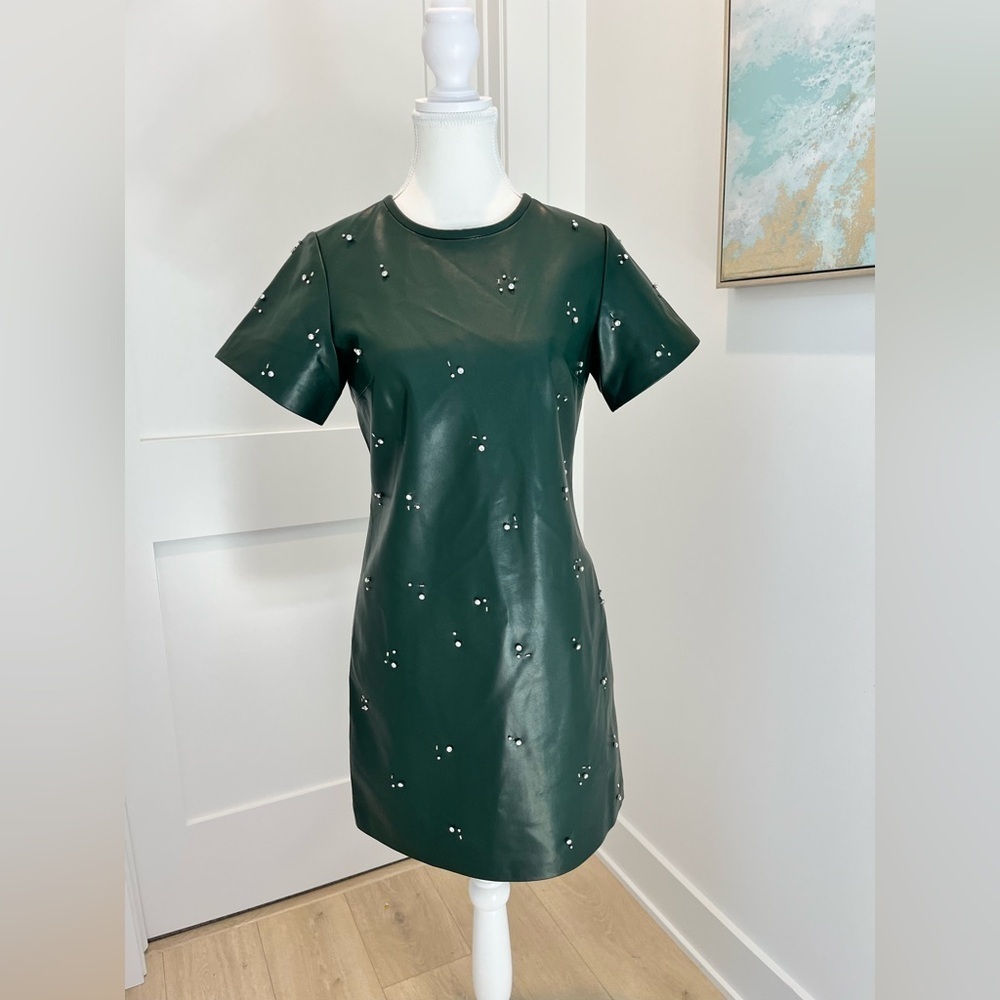 J Crew Collection mini dress in army green embellished faux leather NEW size 0 - Picture 5 of 13